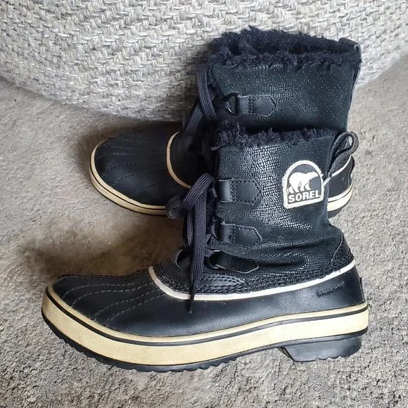 Sorel Boots Womens 7 Tivoli Snow Winter Black Leather Faux Fur Mid NL1631-010 - Picture 8 of 8